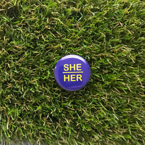 She/Her Pin-back Button NEW Double Denim Dude 